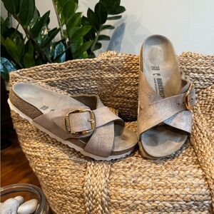 Birkenstock Women's Sienna Big Buckle Washed Metallic Rose Gold 38